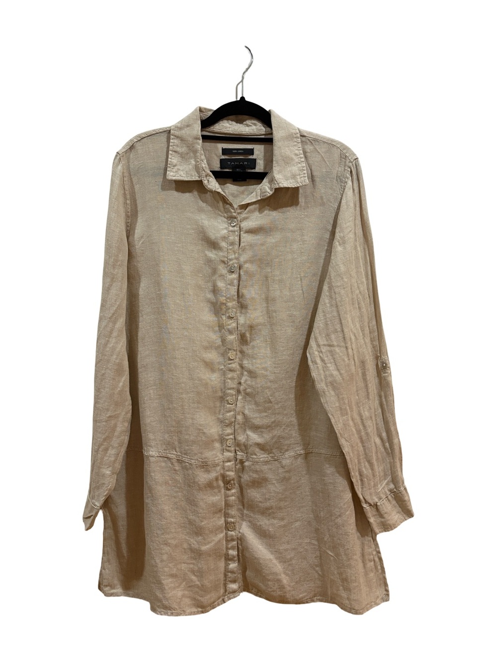 🏡 Tahari Linen Button-Down Tunic Shirt - Light Beige - Size S